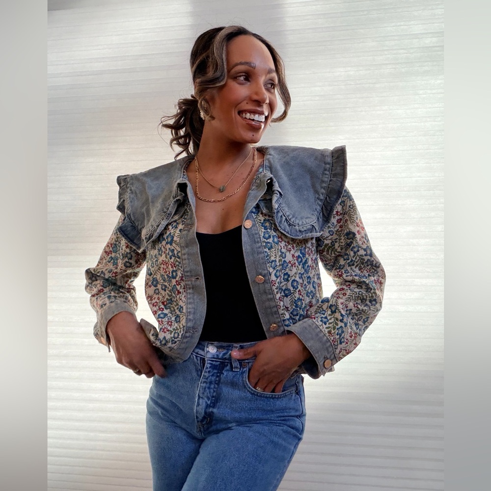 Floral Tapestry Denim Ruffle Collar Jacket